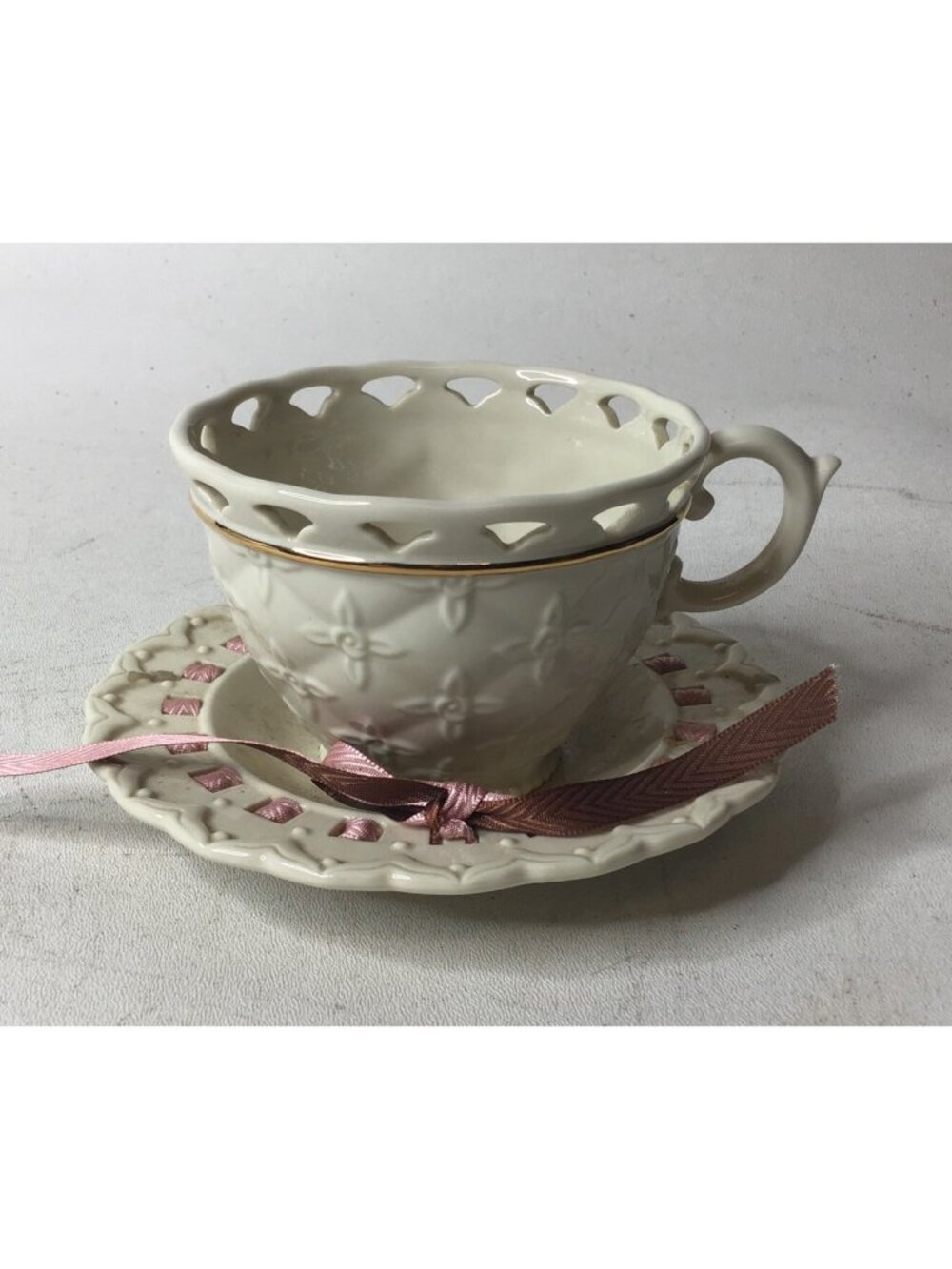Lenox Tied with Love Cup and Saucer Set Cream Color With Pink Ribbon 